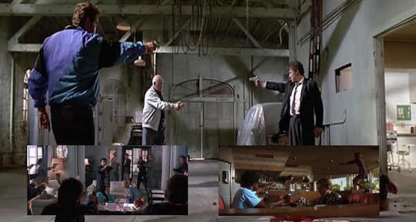 Mexican standoff scenes in Quentin Tarantino movies.