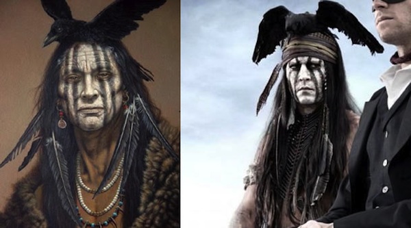 Comparison of Kirby Sattler’s “I am a Crow painting with Johnny Depp's costume and make-up in The Lone Ranger