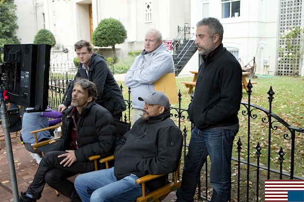 Clockwise, from far left, standing: House of Cards executive producer Beau Willimon; unit production manager Don Hug; executive producer John Melfi; [seated] director Carl Franklin; and director of photography Eigil Bryld