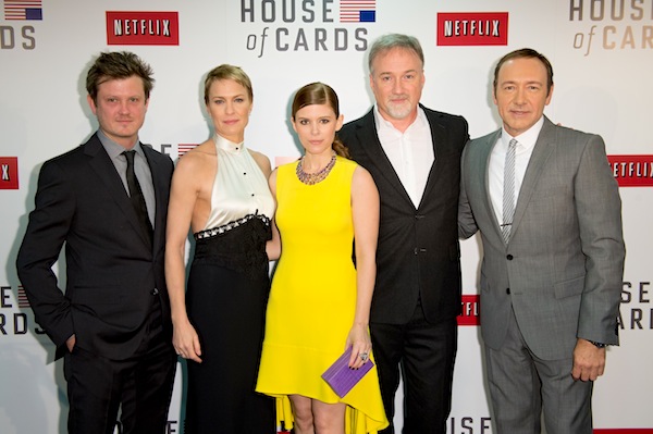 (L-R) Executive producer Beau Willimon with cast members Robin Wright, Kate Mara, executive producer and director David Fincher and Kevin Spacey at the London premiere in aid of The Old Vic Theatre Trust at the ODEON West End, Jan. 17, 2013