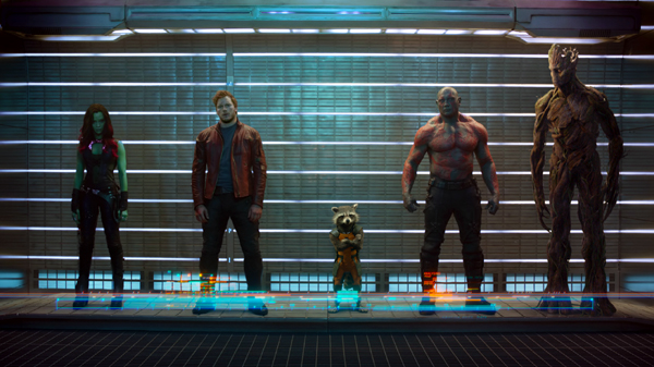 Zoe Saldana as Gamora, Chris Pratt as Peter Quill, Bradley Cooper as Rocket (voice), Dave Bautista as Drax and Vin Diesel as Groot (voice) in Guardians of the Galaxy