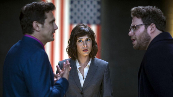 Lizzy Caplan as Agent Lacey, with James Franco and Seth Rogen in The Interview (Photo Credit Ed Araquel)