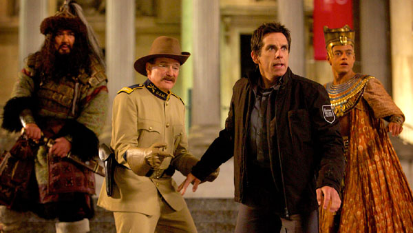 Patrick Gallagher as Atilla the Hunt, Robin Williams as Teddy Roosevelt, Ben Stiller as Larry Daley and Rami Malek as Ahkmenrah (photo credit: Kerry Brown)