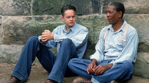 Tim Robbins as Andy Dufresne and Morgan Freeman as Red in The Shawshank Redemption
