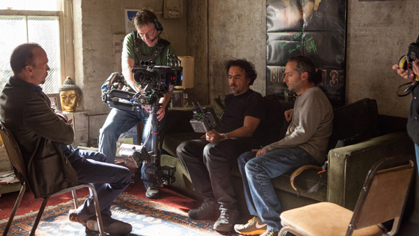 Michael Keaton, Director Alejandro G Iñárritu and Cinematographer Emmanuel Lubezki on the set of BIRDMAN