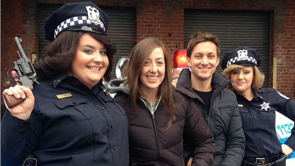 Aidy Bryant, Sarah Schneider, Chris Kelly, and Kate McKinnon from the set of Dyke and Fats