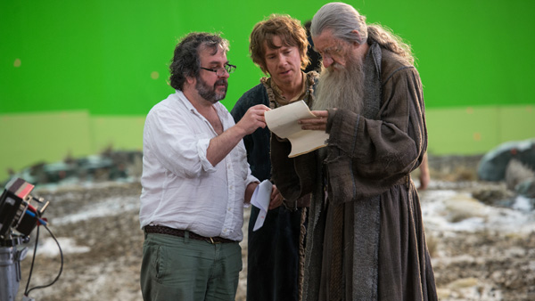 Director Peter Jackton with Martin Freeman and Ian McKellen on the set of The Hobbit: The Battle of the Five Armies