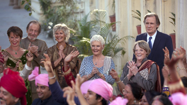 Judi Dench as Evelyn Greenslade, Maggie Smith as Muriel Donnelly, Diana Hardcastle as Carol Parr, Celia Imrie as Madge Hardcastle, Bill Nighy as Doublas Ainslie and Ronald Pickup as Norman Cousins in The Second Best Exotic Marigold Hotel