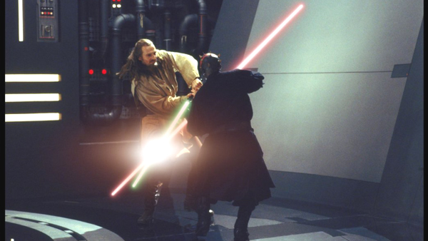 Liam Neeson as Qui-Gon Jinn and Ray Park as Darth Maul in Star Wars: Episode I - The Phantom Menace
