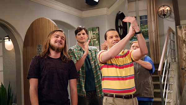 Angus T. Jones as Jake Harper, Ashton Kutcher as Walden Schmidt, Jon Cryer as Alan Harper and Conchata Ferrell as Berta in the season finale of Two and a Half Men