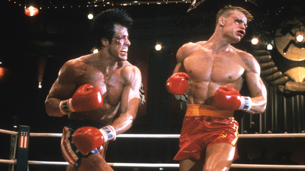 Sylvester Stallone as Rocky Balboa and Dolph Lundgren as Drago in Rocky IV