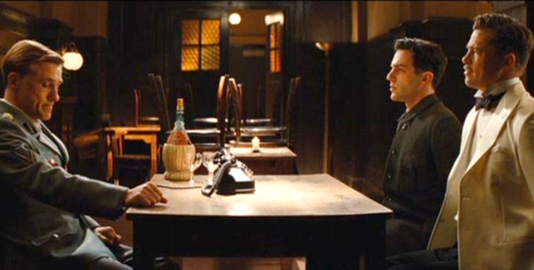 Christoph Waltz as Col. Hans Landa, B.J. Novak as Pfc. Smithson Utivich and Brad Pitt as Lt. Aldo Raine in Quentin Tarantino's Inglourious Basterds