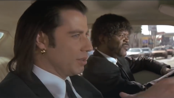 John Travolta as Vincent Vega and Samuel L. Jackson as Jules Winnfield in Pulp Fiction