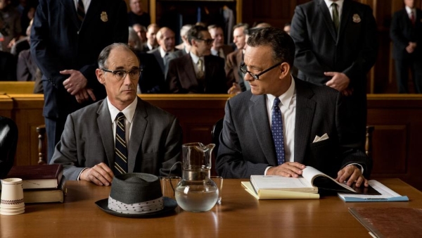 Mark Rylance as Rudolf Abel, and Tom Hanks as James Donovan, in Bridge of Spies