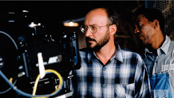 Frank Darabont and Morgan Freeman on set of The Shawshank Redemption