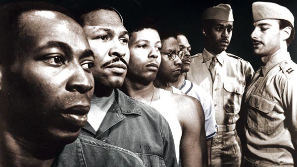 Brent Jennings, Steven Anthony Jones, Eugene Lee, Denzel Washington, Samuel L. Jackson, James Pickens and Peter Friedman in A Soldier's Play by Charles Fuller, produced in 1981 by the New York Negro Ensemble Company