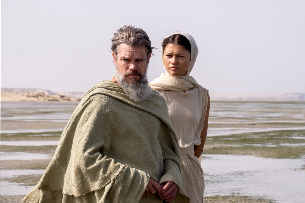 Matt Damon as Odysseus and Zendaya as Athena in The Odyssey