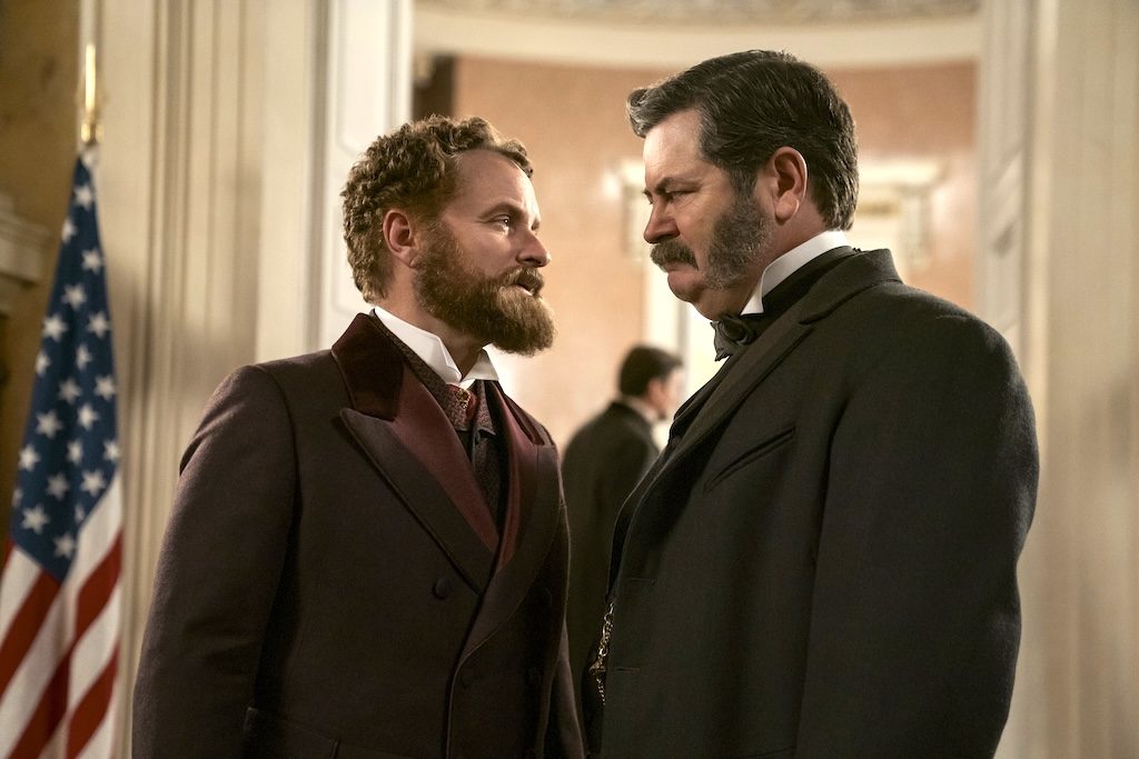 Shea Whigham as Roscoe Conkling, Nick Offerman as Chester A. Arthur in Death By LIghtning